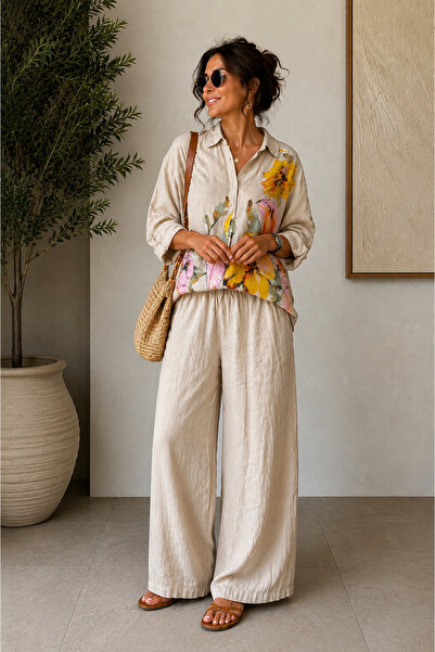 Marjinal Women's Floral Patterned 100% Linen Double Set