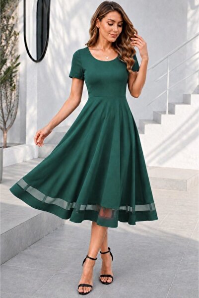 Wear Up Rochie de damă cu mânecă scurtă, guler rotund, cu detalii din tul, mi...