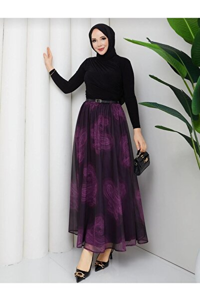 MODA VEDAT Women's Tulle Digital Print Detailed Belted Skirt -0350