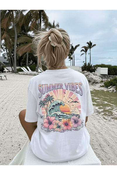 one button Summer Vibes Palm Tree and Wave Printed Premium Oversize T-Shirt