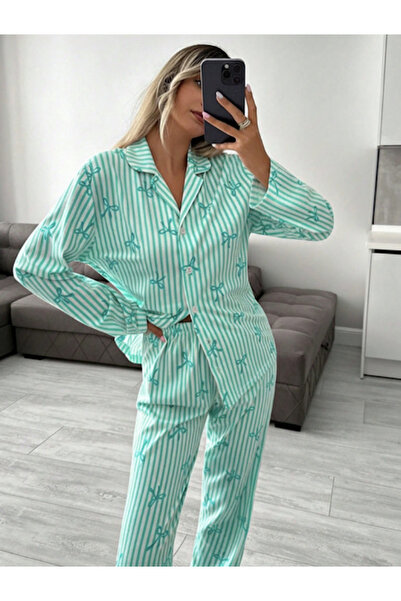 pinguplus yeşil çizgi ve fiyonk detaylı düğmeli pijama takımı