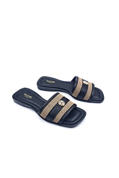 RACHELMILANO Genuine Leather Straw Jute Detailed Black Flat Heeled Women's Sl...