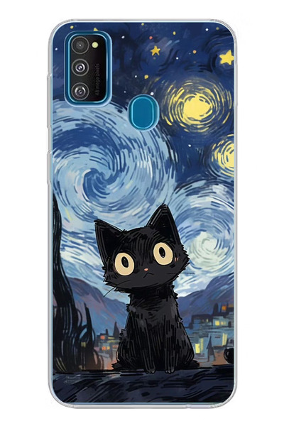 TechTree Samsung Galaxy M30S/M21 Uyumlu Gece Yarısı Kedi Tasarımlı Baskılı Si...