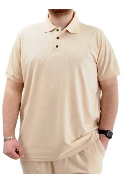 cusseli Large Size Men's T-Shirt Polo Collar Jacquard C24337 Beige