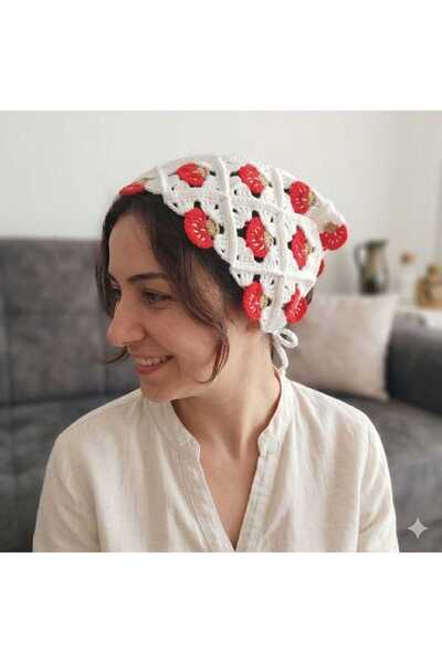 El Örgüsü Mantar Motifli Retro Bandana - Kırmızı Beyaz Crochet Saç Aksesuarı