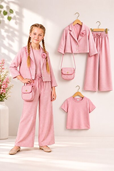Minik mooda Girls Stylish 4-Piece Set Plaid Jacket Pants Blouse and Bag Set