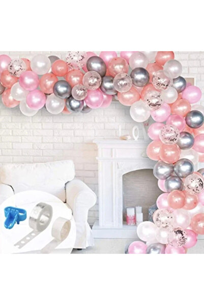 Partihane Rose Gold Pink White Silver Chrome Confetti Chain Balloon Set 5m