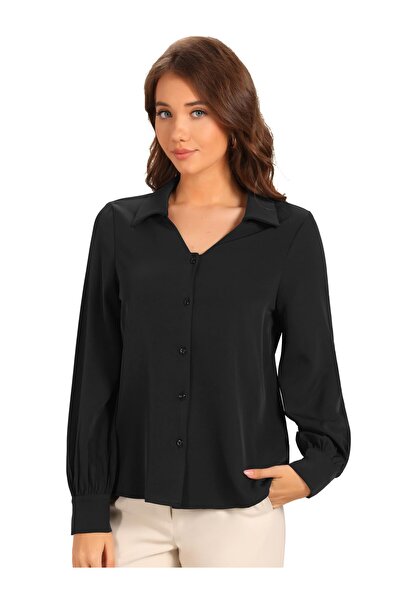 Allegra K Women's button-up V-neck shirt, business and casual style, long puf...