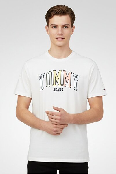 Tommy Hilfiger Tommy Jeans Men Crew Neck Short Sleeve Brand Logo T-Shirt, White