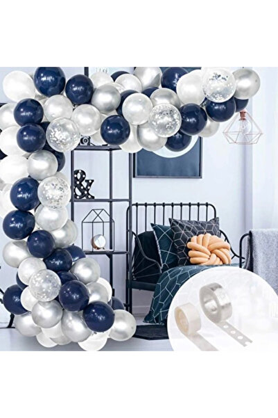Partihane Midnight Blue White Silver Confetti Balloon Chain Set - 5m