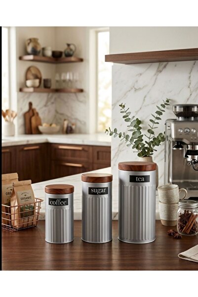 Buğra Home BAMBU GÖRÜNÜMLÜ METAL GRİ 3'LÜ ŞEKER&KAHVE&ÇAY KAVANOZ SETİ