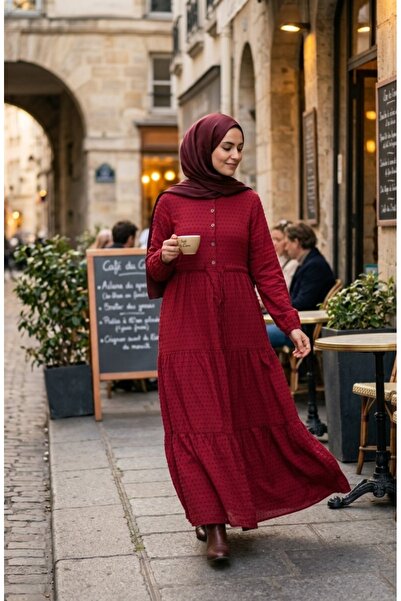 sefamerve Half Buttoned Waist Tie Layered Dress 2273-06 Plum