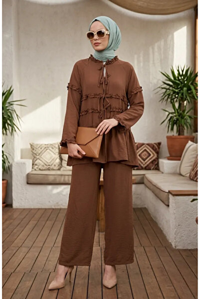 sefamerve Modal Fabric Ruffled Lace-Up Double Set 2270-05 Brown