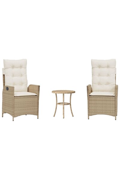 vidaxl Bistro set with cushions, 3 pieces, beige, polyrattan