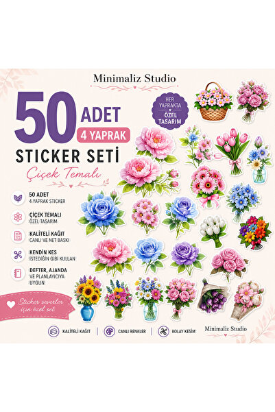 50 Adet Çiçek Sticker Seti 4 Yaprak – Pastel Çiçekler, Defter & Planner Sticker, Kolay Kesim, Kaliteli Kağıt