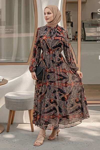 InStyle Shawl Pattern Pleated Black Chiffon Dress