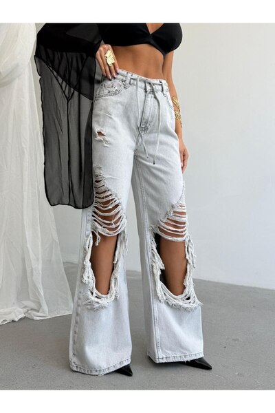 DENİKK Trendy Special Design Loose Fit Laser Detail Baggy Denim Jean Pants-Tr...