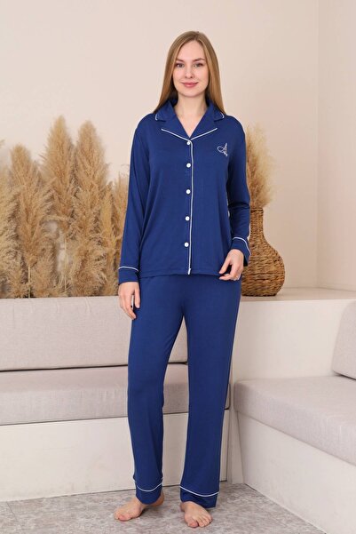 ALİMER Women's Pajama Set - Indigo Front Buttoned Long Sleeve Lycra Viscose 2...