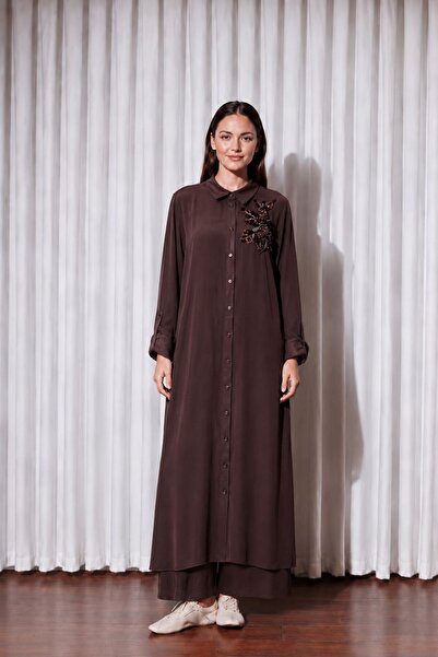 Nurcan Çetin 10421 Long Shirt and Trousers Set with Sequin and Bead Embroider...