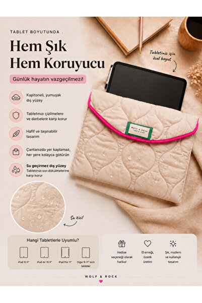 WOLF & ROCK Krem Kapitone Yıkanabilir Tablet Kılıfı