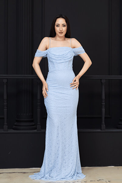 BEYBOS Stone Detailed Lace Evening Dress - Baby Blue