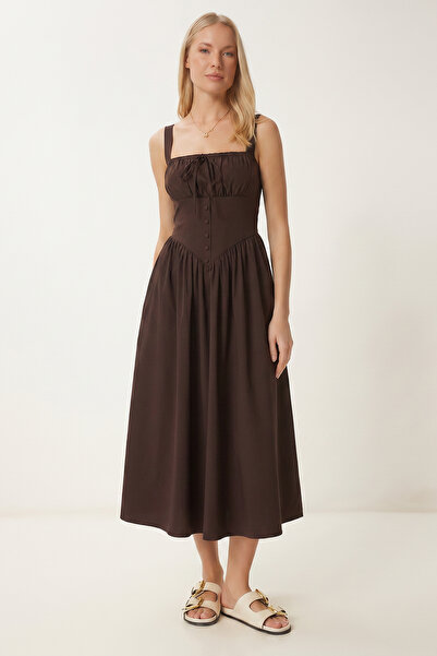 Lovelyİstanbul Rochie midi din poplin cu aspect de corset LUB0354 MARO