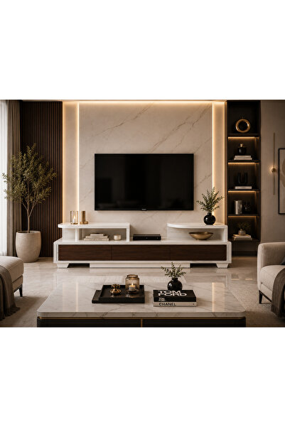 N.zone طاولة تلفزيون فخمة بتصميم عصري أبيض وخشبي مع أدراج واسعة ورفوف عملية –...