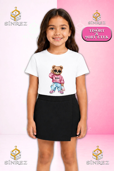 SİNREZ Set pentru fete PULOVER ROZ AYICIK pentru fete, tricou cu mânecă scurt...