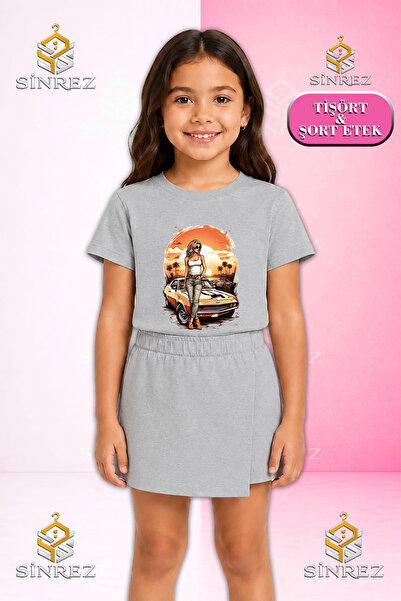 SİNREZ Girls' Set Car Orange Grl Printed Short Sleeve T-Shirt Shorts Skirt
