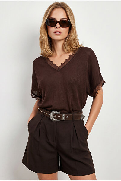 Olalook Women's Brown V-Neck Flowy Summer Knitwear Blouse Blz-19003365