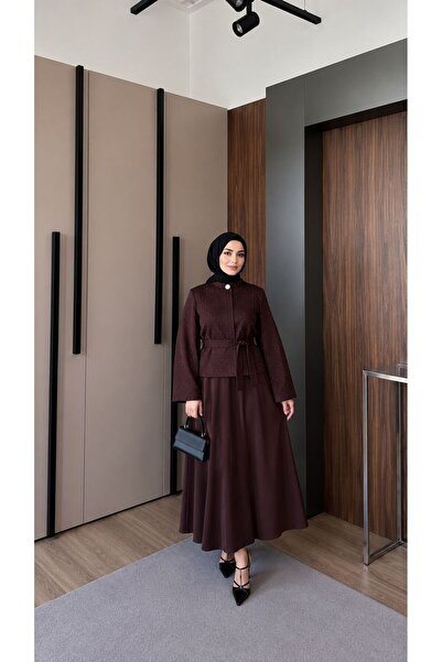 nurvina modest wear Stone Printed Poplin Skirt Suit Brown