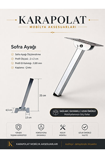 KARAPOLAT 4 Adet Katlanır Metal 25 Cm Sofra Ayağı