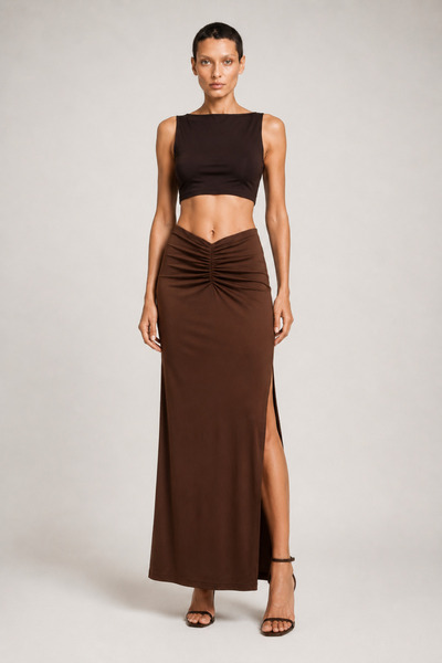 IMBUE V Gathered Deep Slit Brown Maxi Skirt