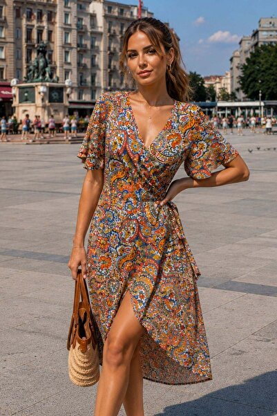 Mossta Double-Breasted Collar, Side Lace-Up, Patterned Single Jersey Dress - ...