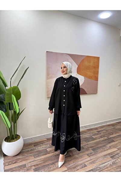 İLGEN FASHİON Nakış Detaylı Keten Takım Gömlek & Etek İkili Kombin