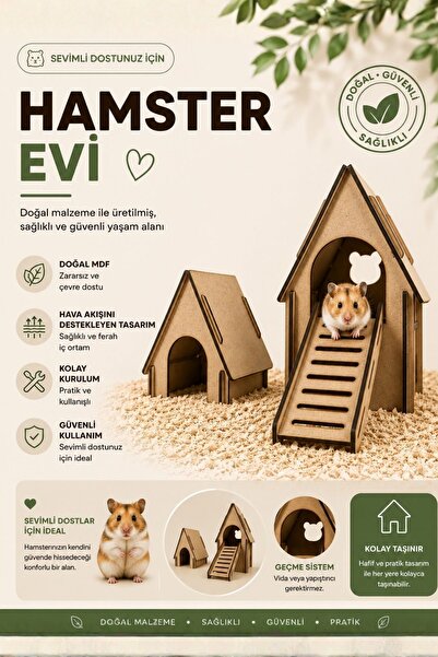 ALGWOOD 2'li Aktivite Kulesi ve Merdivenli Kemirgen Yuvası - Ahşap Hamster Oy...