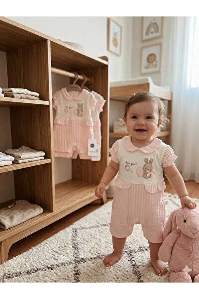 iQBaby Sevimli Tavşan Nakışlı Pamuklu Bebek Tulumu - Pembe/Beyaz
