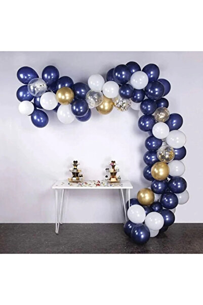 Partihane Midnight Blue White Gold Confetti Balloon Chain Set - 5 Meters