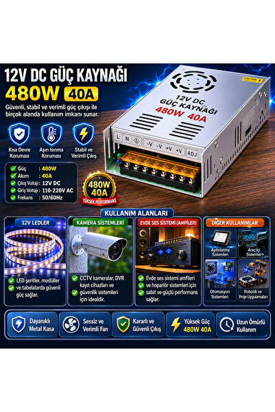 BRK LİGHTİNG 12v 40a Adaptör Kalın Kasa Trafo 480w Ses Sistemi Güç Kaynağı