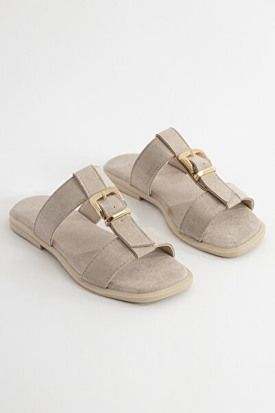LEVONYA Gala Women's Black Suede Buckle Detailed Comfortable Daily Slippers