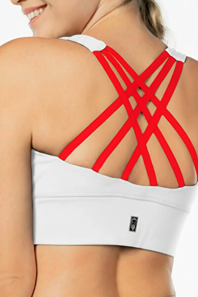 Lioness Activewear حمالة صدر رياضية بيضاء ذات دعم عالٍ مع تفاصيل حمراء على الظهر