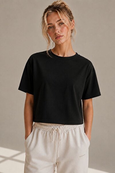 LAYKRA Kadın Crop Tişört Bisiklet Yaka Kısa Kol Siyah T-Shirt