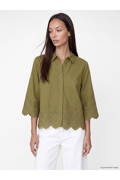 LC Waikiki Khaki Embroidered Brode Women's Shirt