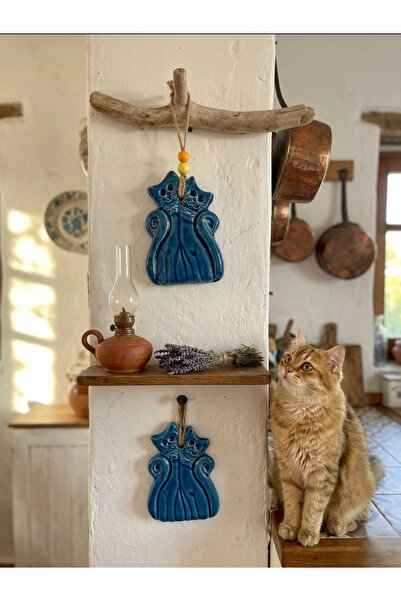 Fi Hediyelik Kedi Figürlü 2’li Set Mavi Seramik Duvar Balkon Teras Süsü Dekor...