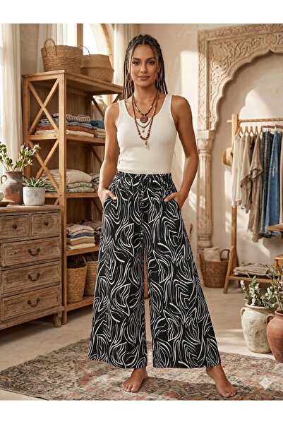 AYASOFYA OTANTIK Women's Multi-Colored Wide-Legged 100% Viscose Trousers with...