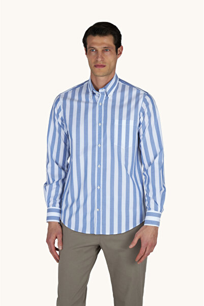 PAUL&SHARK Men's Slim Fit Striped Patterned Cotton Long Sleeve Blue Shirt