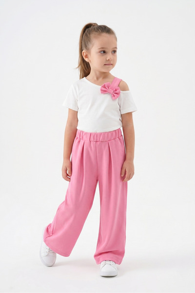 Womi Kids Kız Çocuk Taşlı Double Palazzo Pantolon Fiyonk Detaylı Tek Omuzlu Bluz