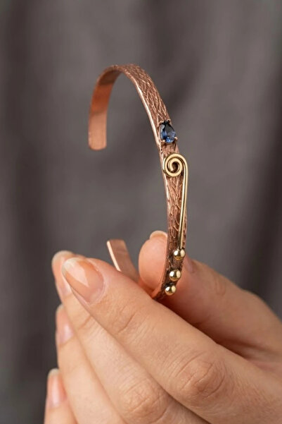 OSMANLI GÜMÜŞ Women's Copper Bracelet with Natural Blue Topaz Stone, Drop Mod...