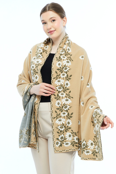 panşalço Papatya Model Camel-Bone-Khaki Knitwear Shoulder Shawl, Knitwear Sha...