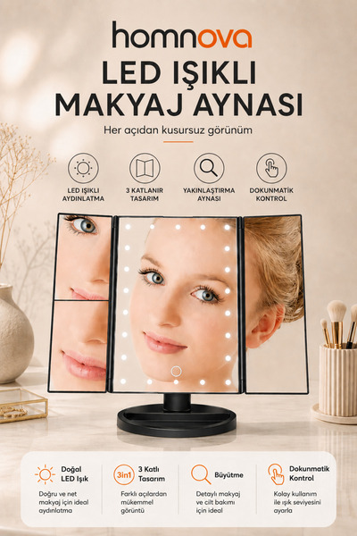 Homnova 22 LED Işıklı Makyaj Aynası Dokunmatik Kontrollü 3 Katlı Katlanabilir...